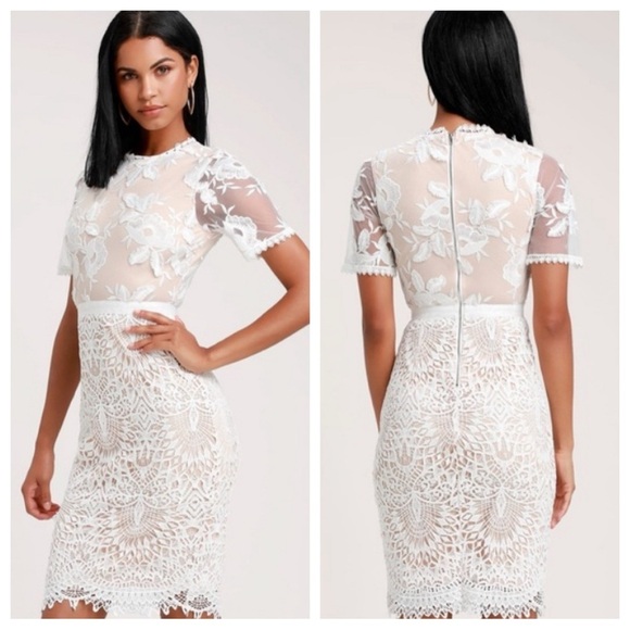 Lulu's Kayleigh White and Nude Lace Short Sleeve Midi Dress 16353 - Picture 1 of 16
